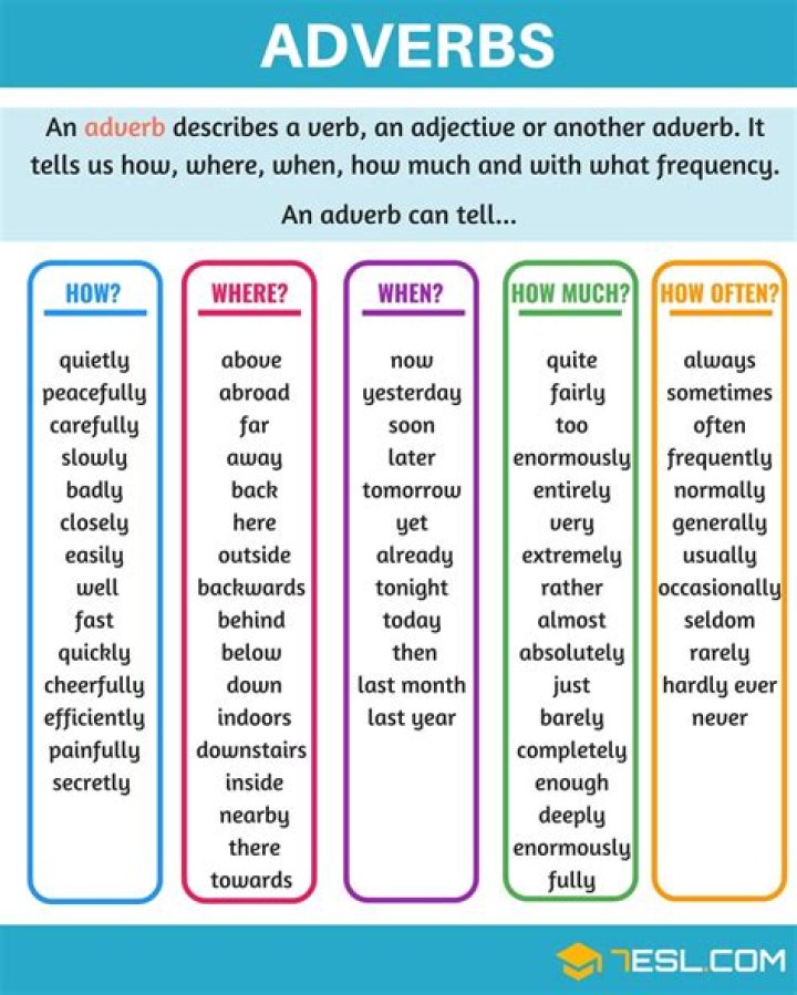 What are the 7 types of adverb with examples?