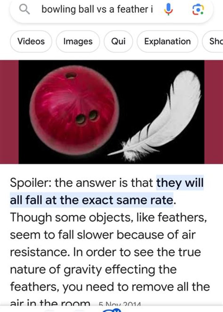 Why do the feather and bowling ball drop at the same rate in absence of air?